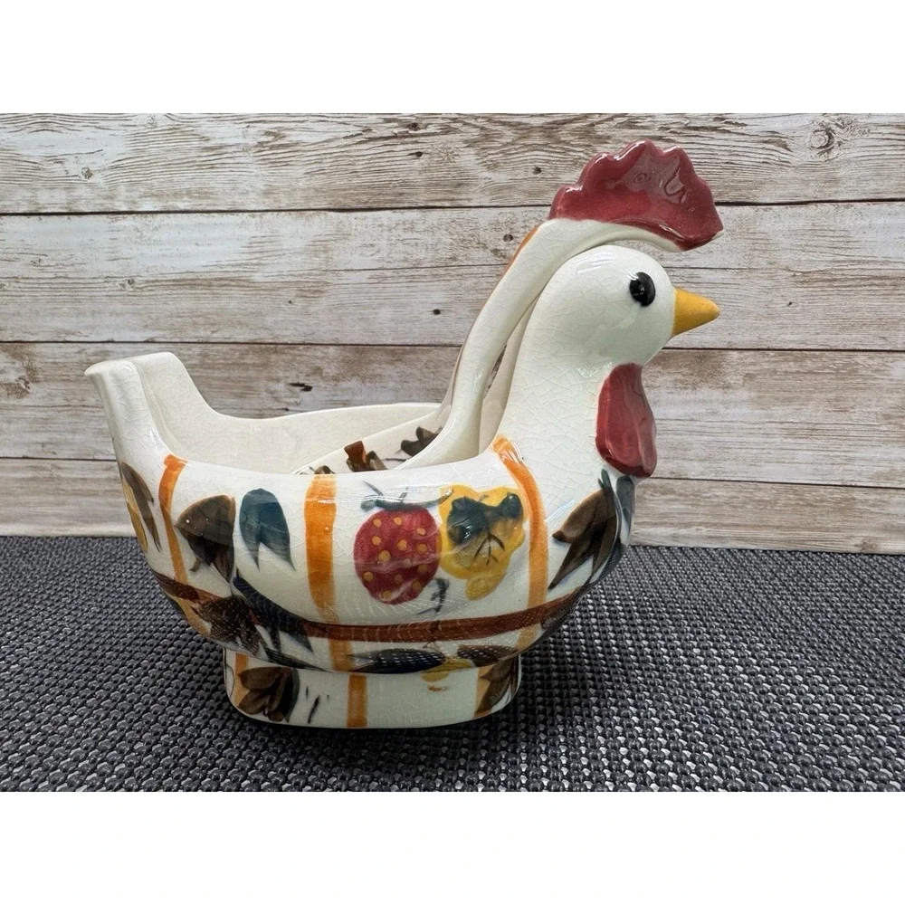 VTG Nasco Hand Painted Ceramic Rooster Gravy Boat w/Ladle - Japan 1950 Farmhouse